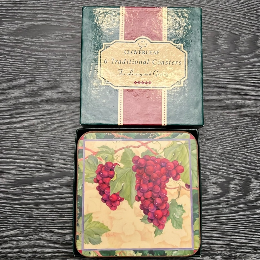 Cloverleaf 6 Coasters~ Vineyard Design~In Box-4x4